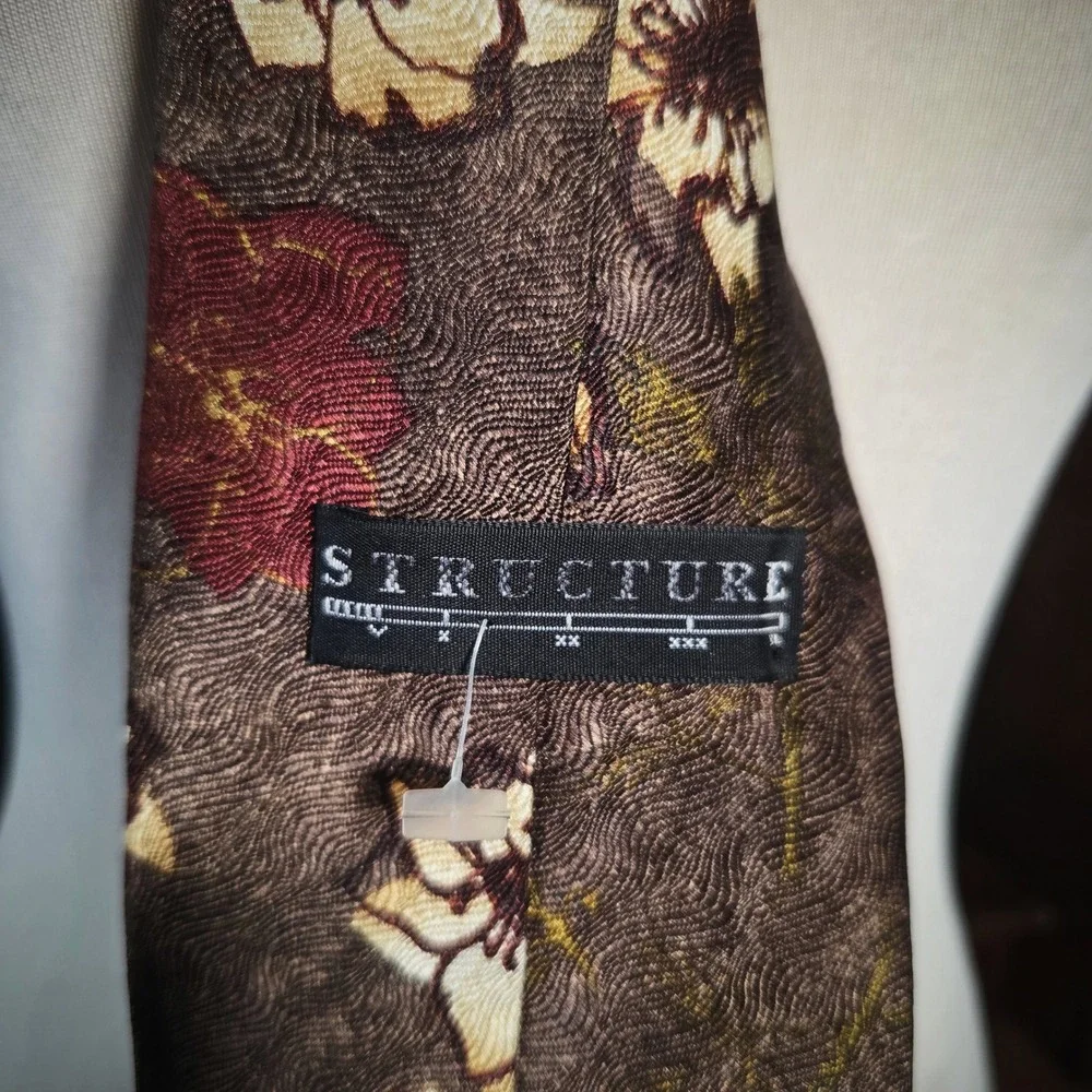 Structure Silk Tie Brown Floral Print Vintage 90s Retro Mens Necktie Made in USA